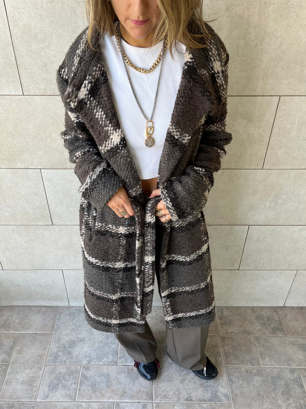 Brown Plaid Belted Coat