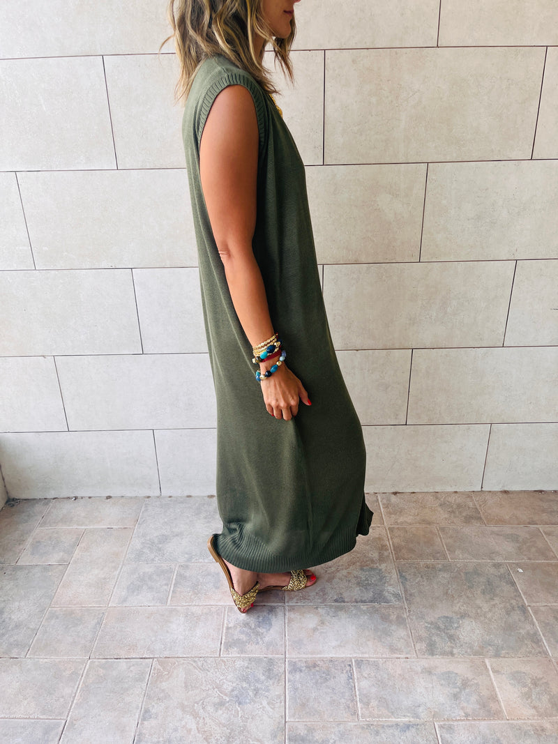 Olive Sleeveless Cardi Dress