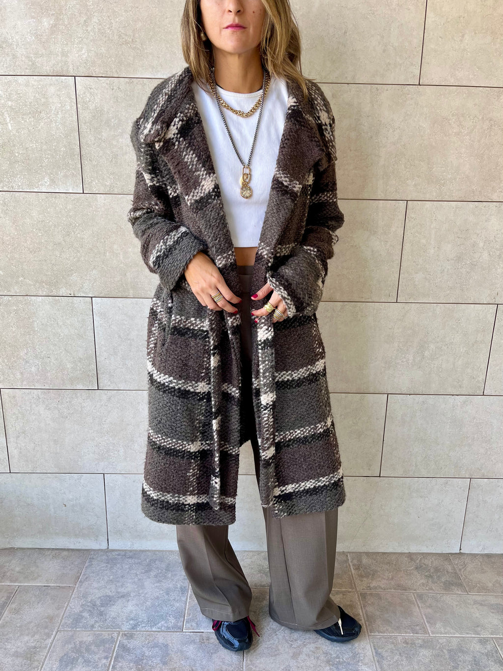 Brown Plaid Belted Coat