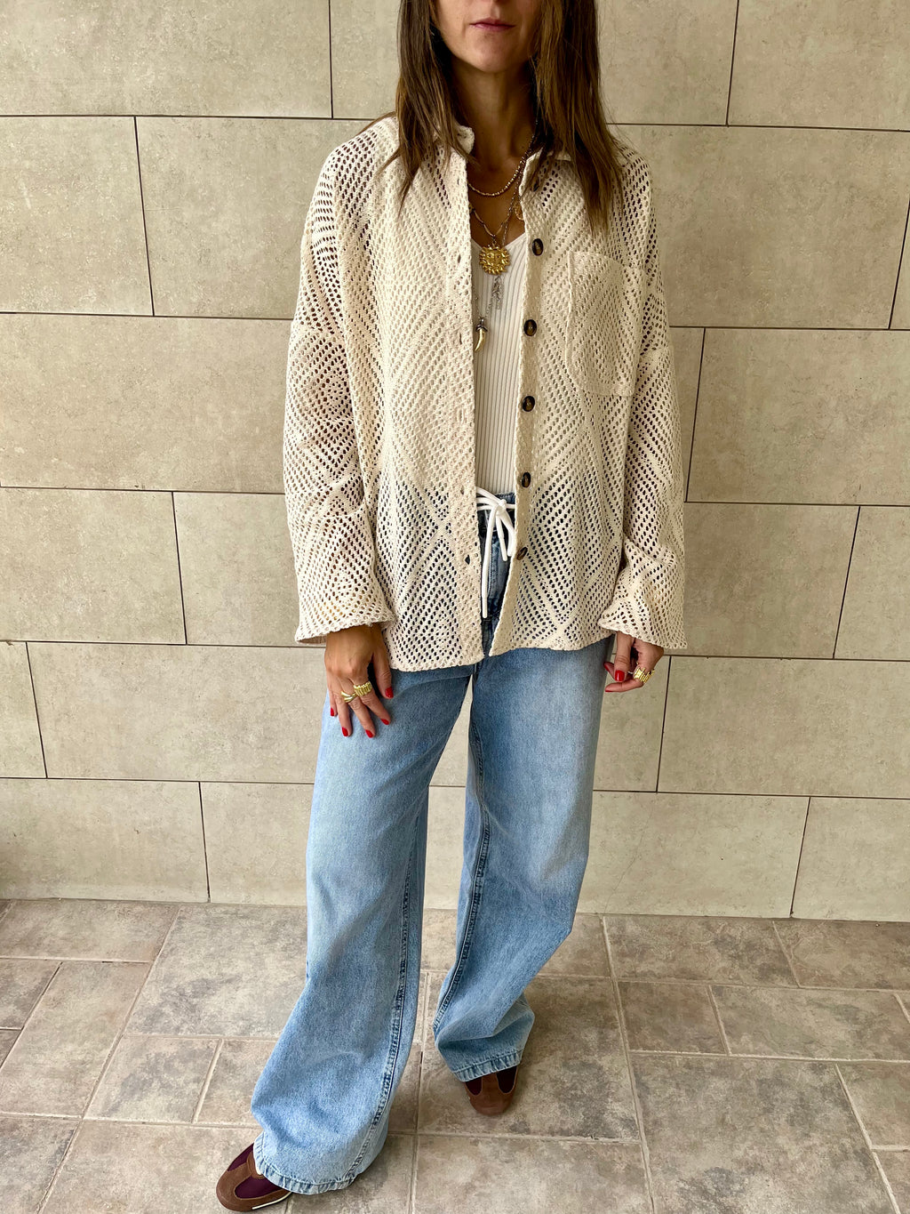 Beige Hollow Out Shirt