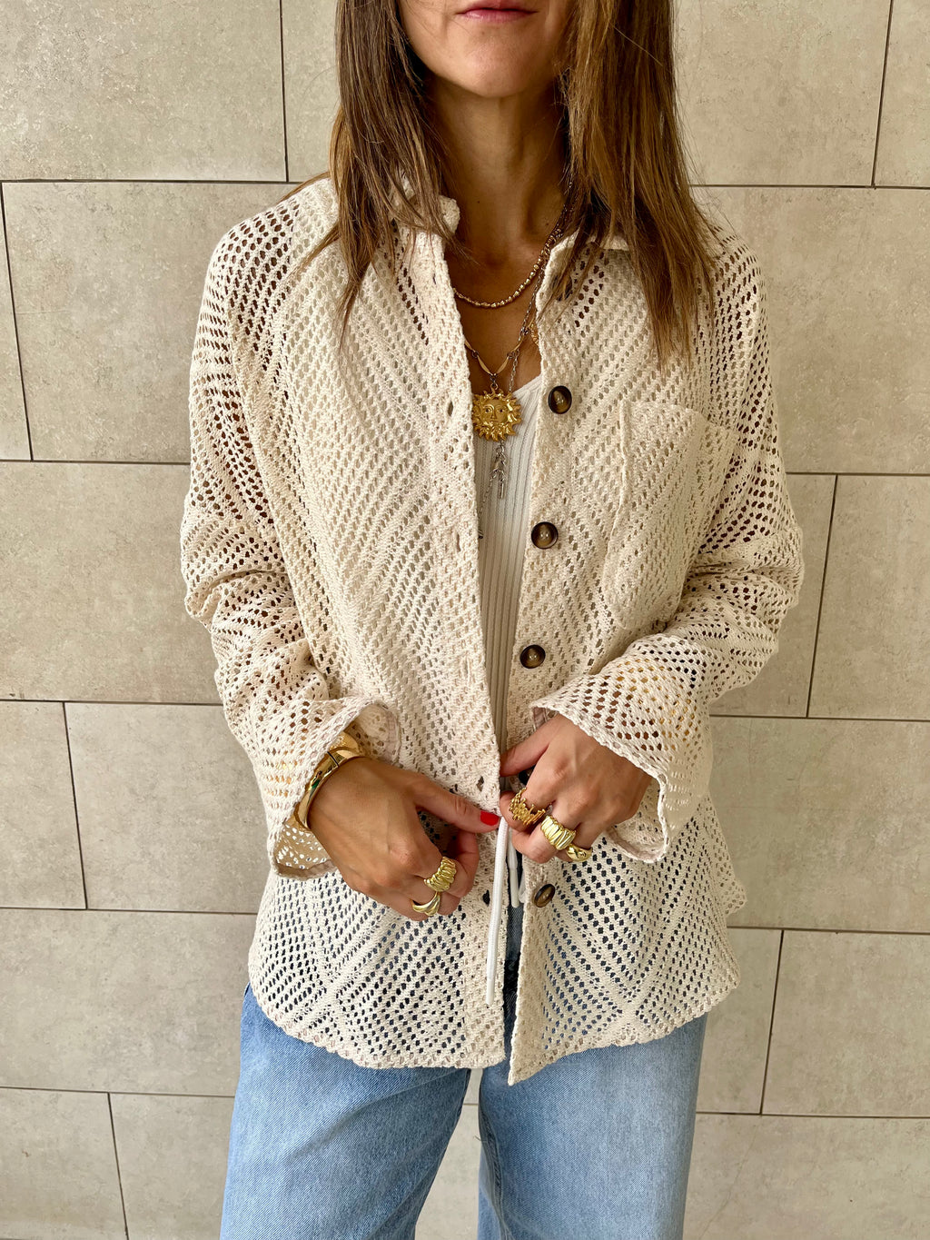 Beige Hollow Out Shirt