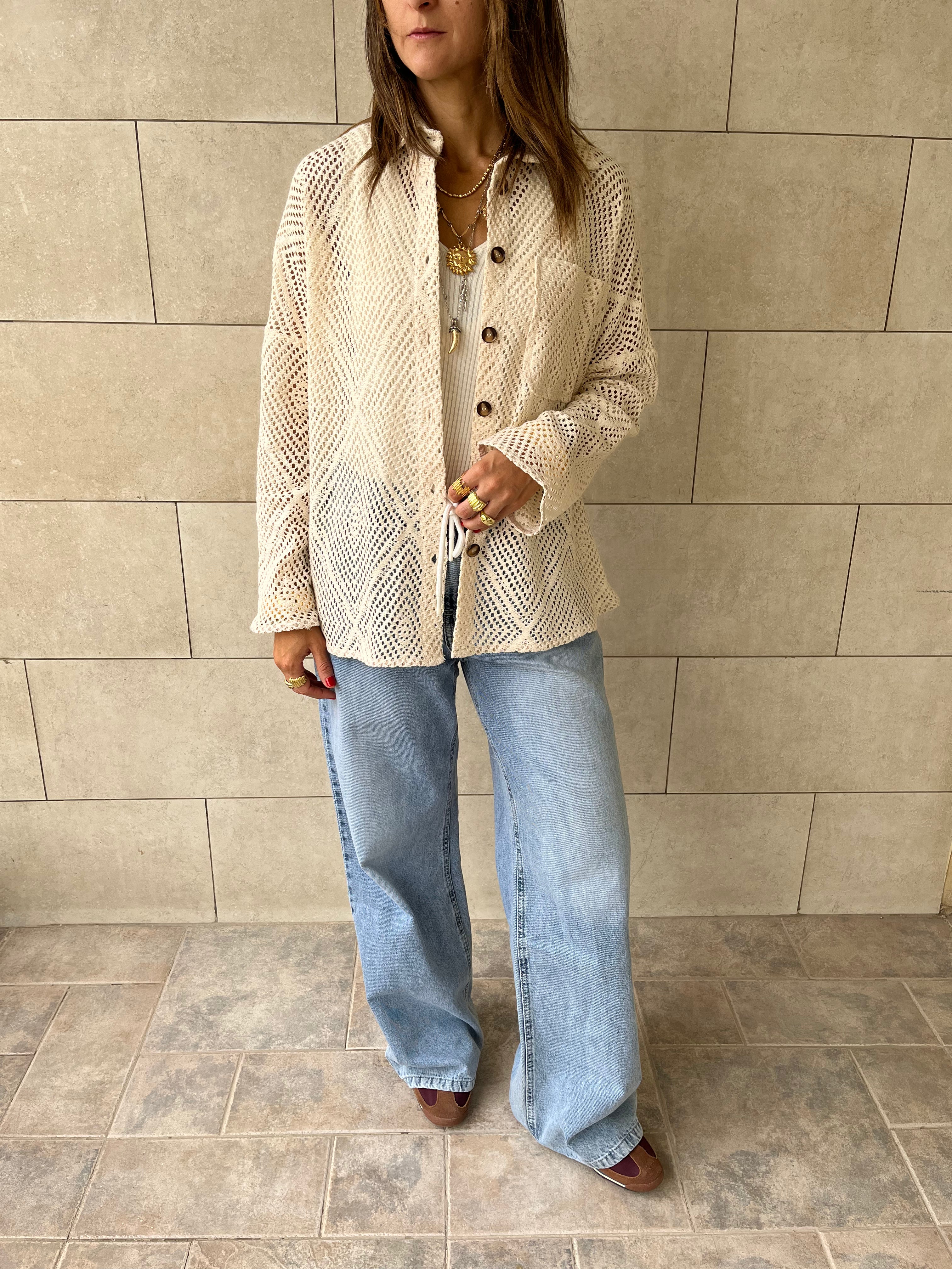 Beige Hollow Out Shirt