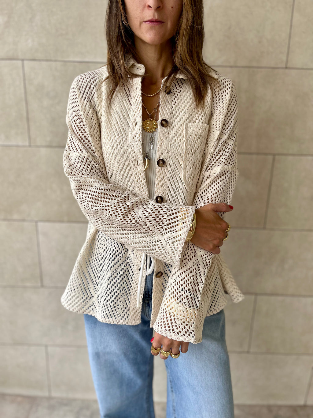 Beige Hollow Out Shirt