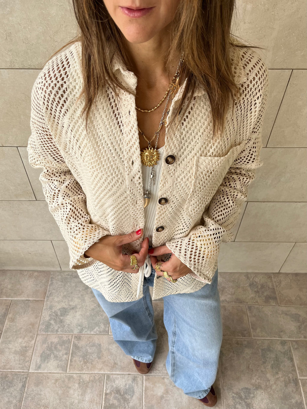Beige Hollow Out Shirt