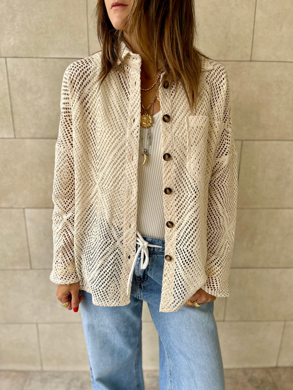 Beige Hollow Out Shirt