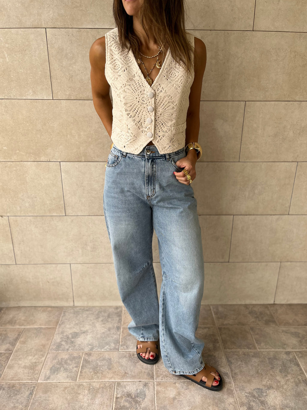 Beige Hollow Out Vest