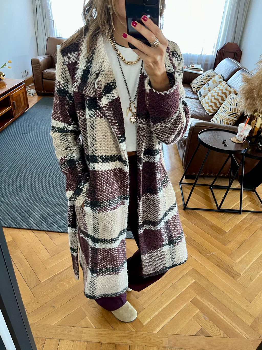 Burgundy Plaid Belted Coat