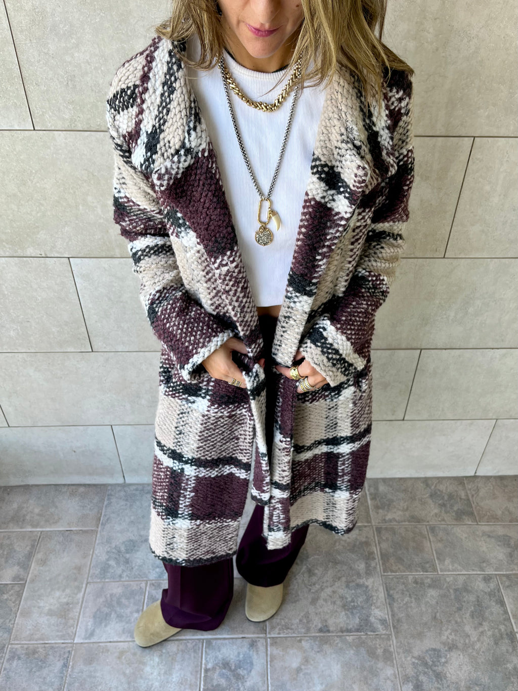 Burgundy Plaid Belted Coat