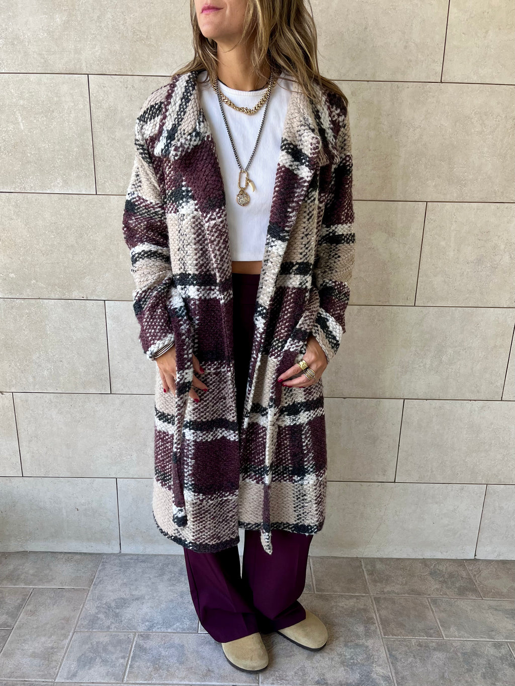Burgundy Plaid Belted Coat