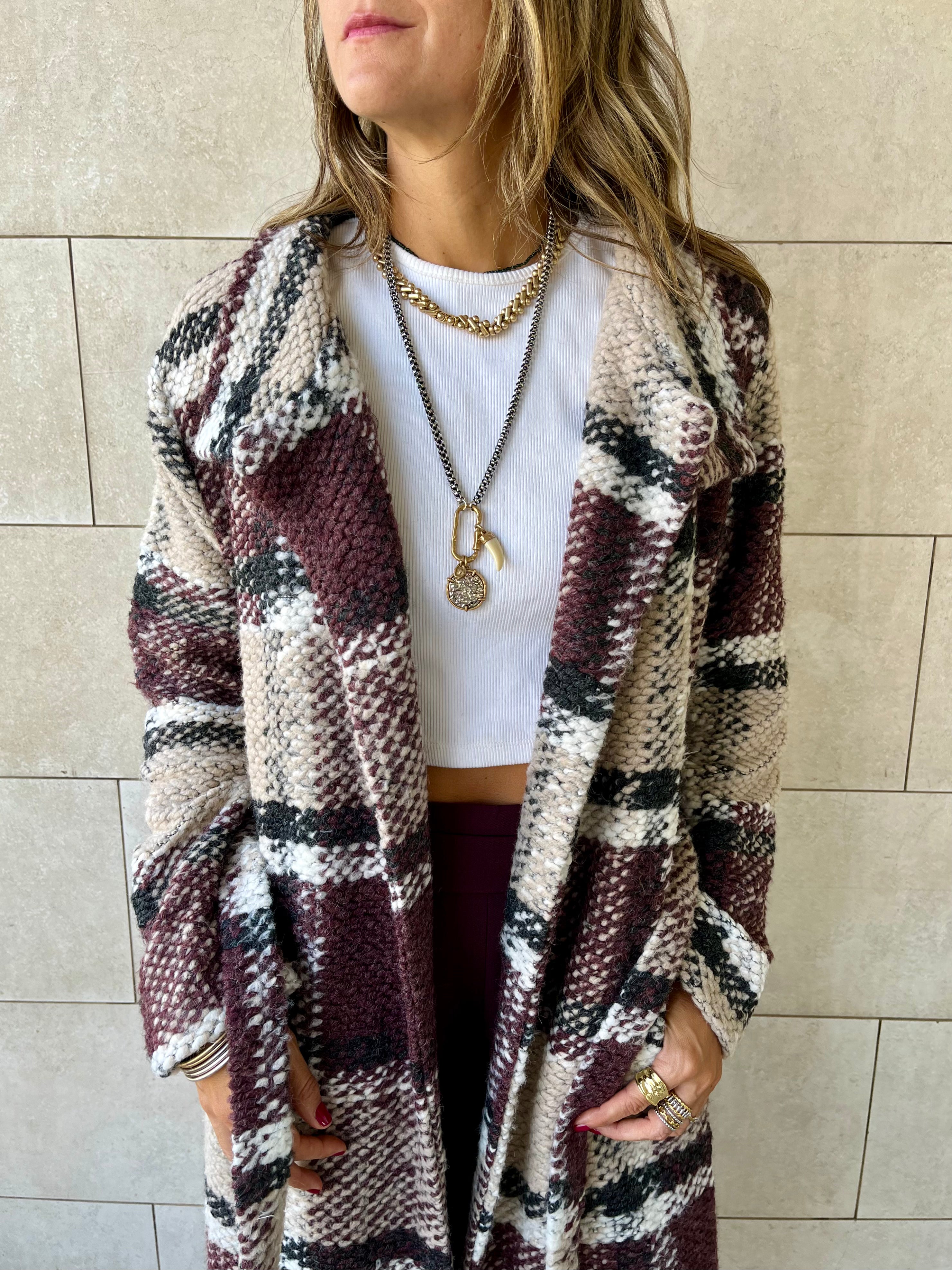 Burgundy Plaid Belted Coat