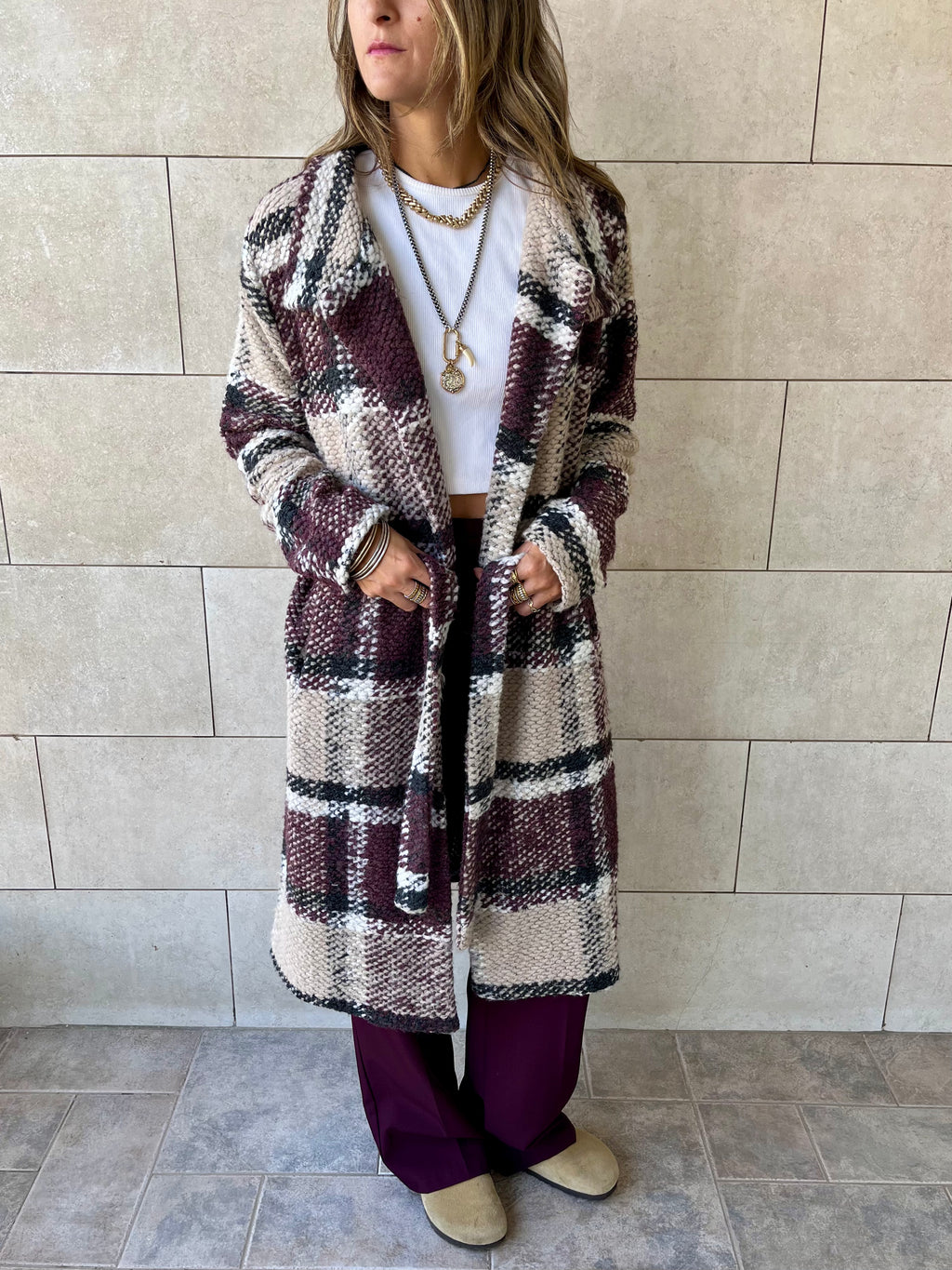 Burgundy Plaid Belted Coat