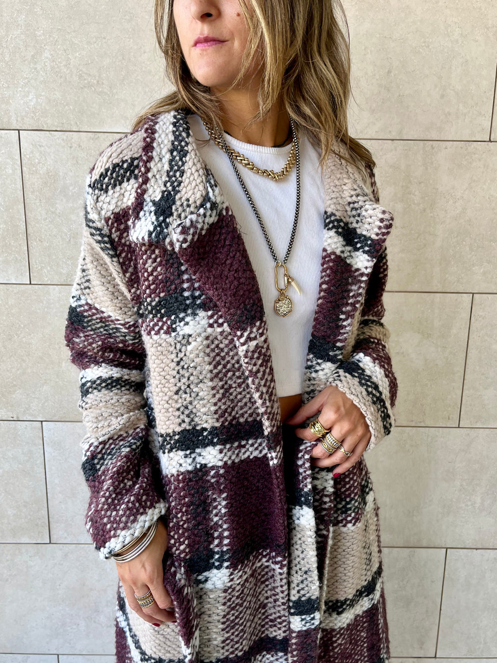 Burgundy Plaid Belted Coat