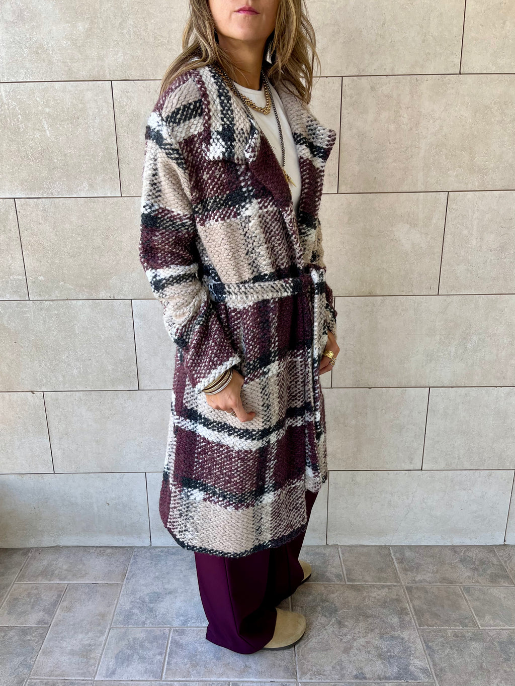 Burgundy Plaid Belted Coat