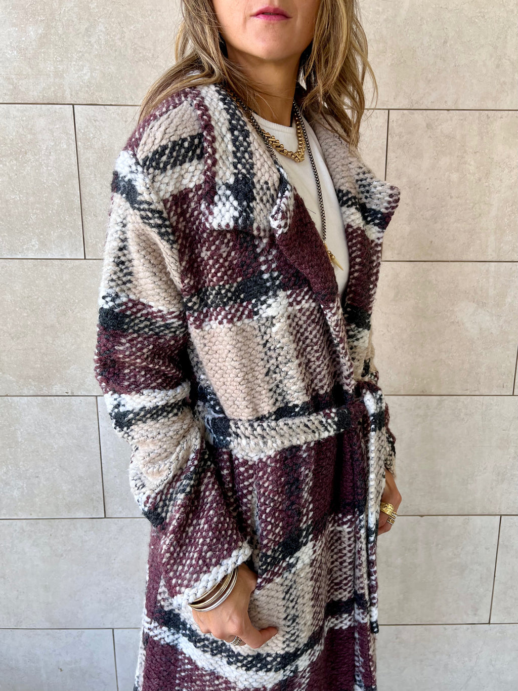 Burgundy Plaid Belted Coat