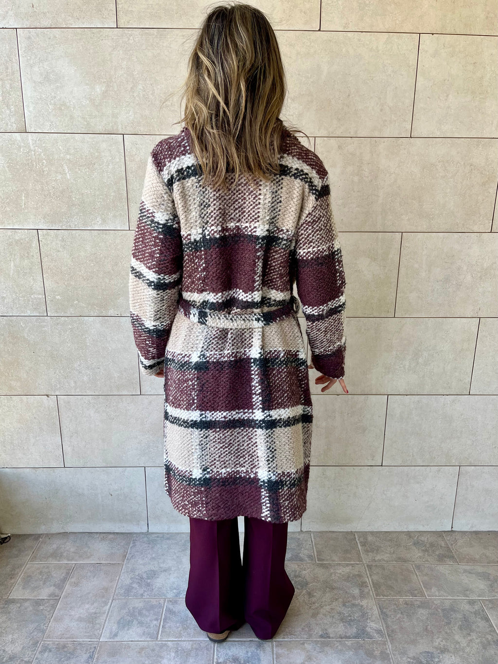 Burgundy Plaid Belted Coat