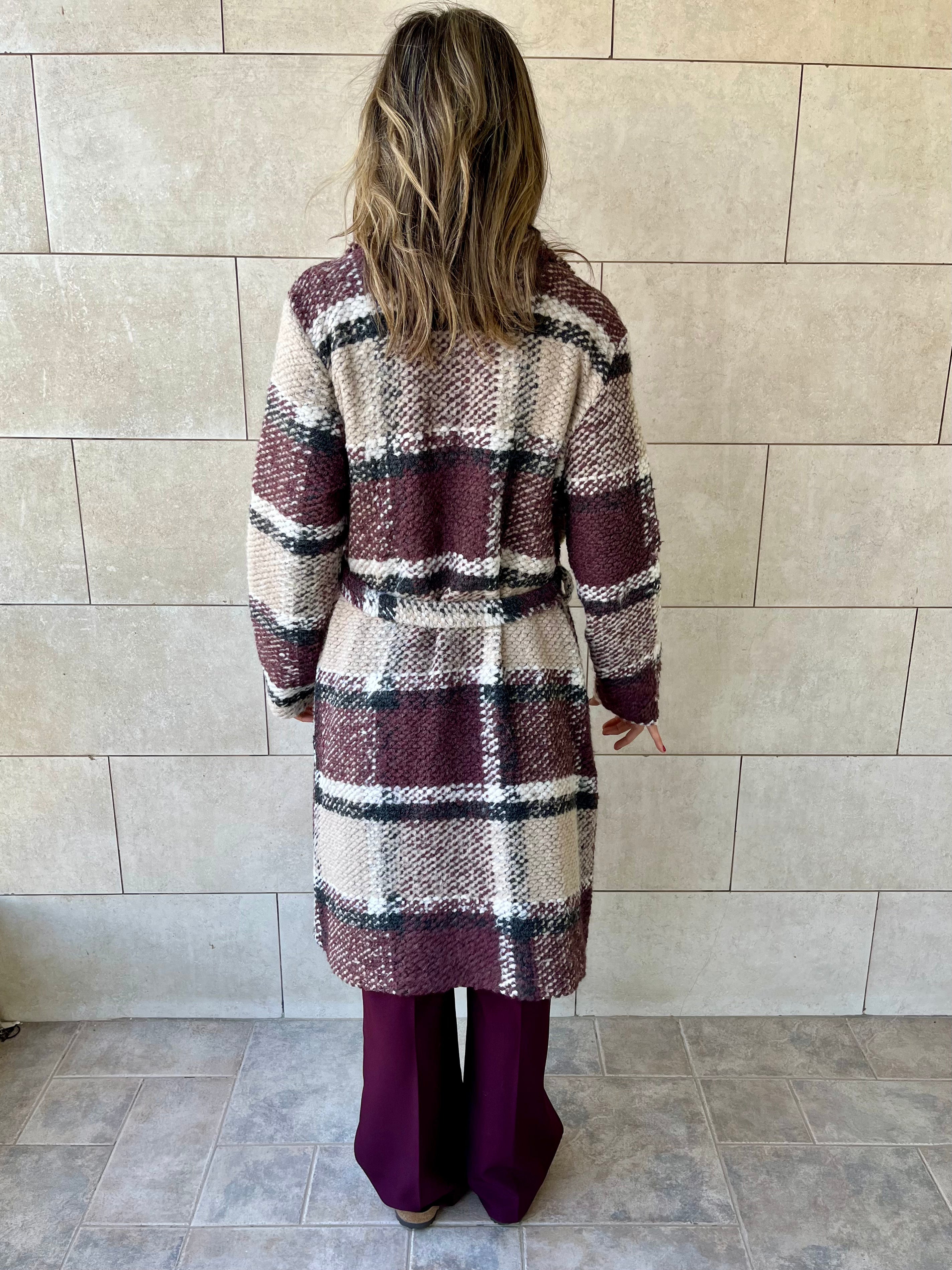 Burgundy Plaid Belted Coat