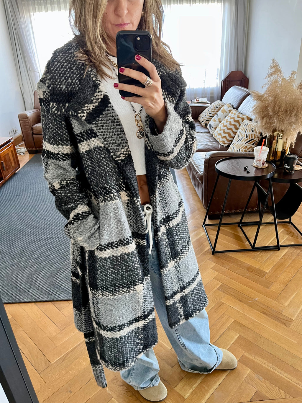 Grey Plaid Belted Coat