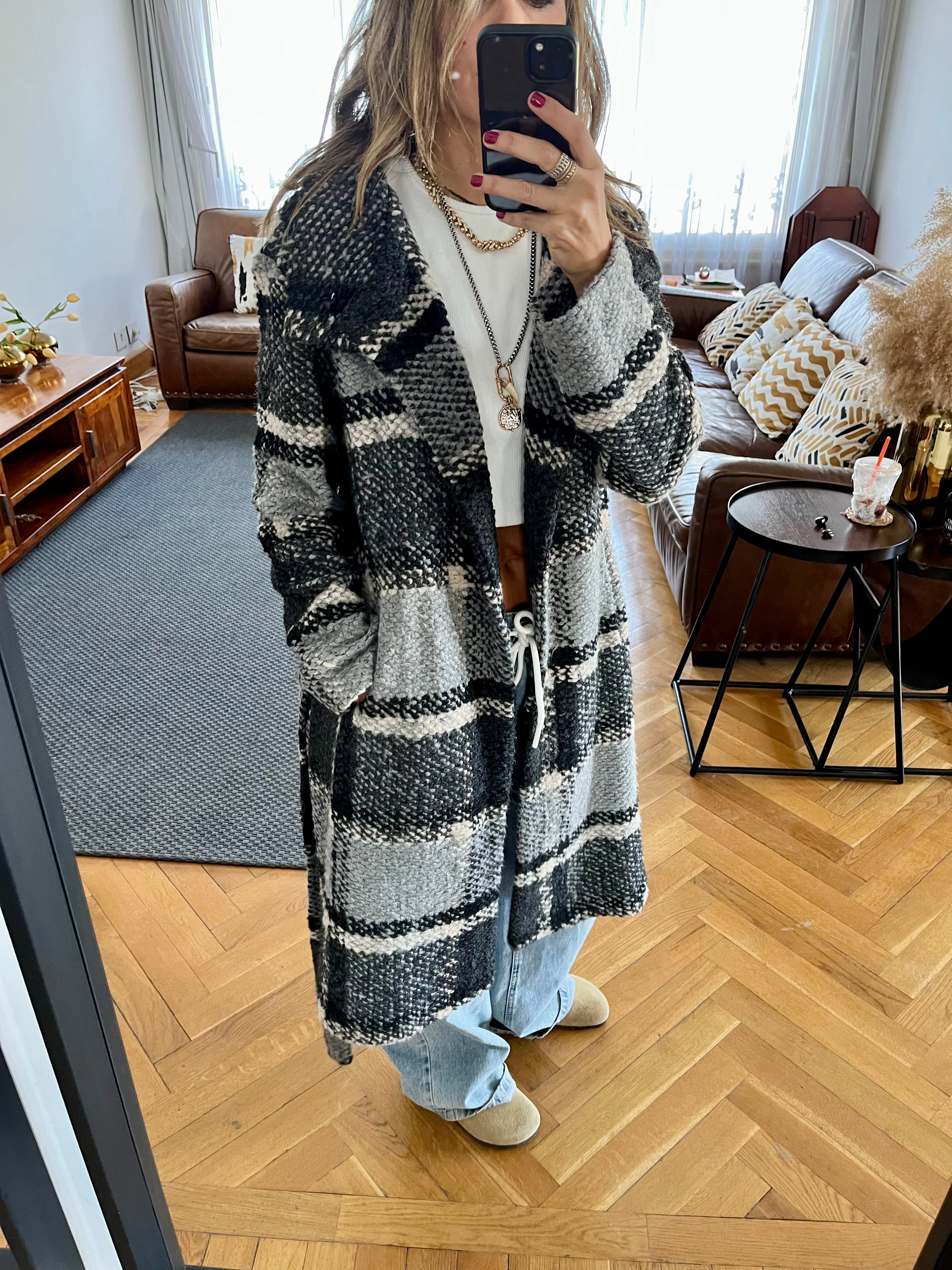 Grey Plaid Belted Coat