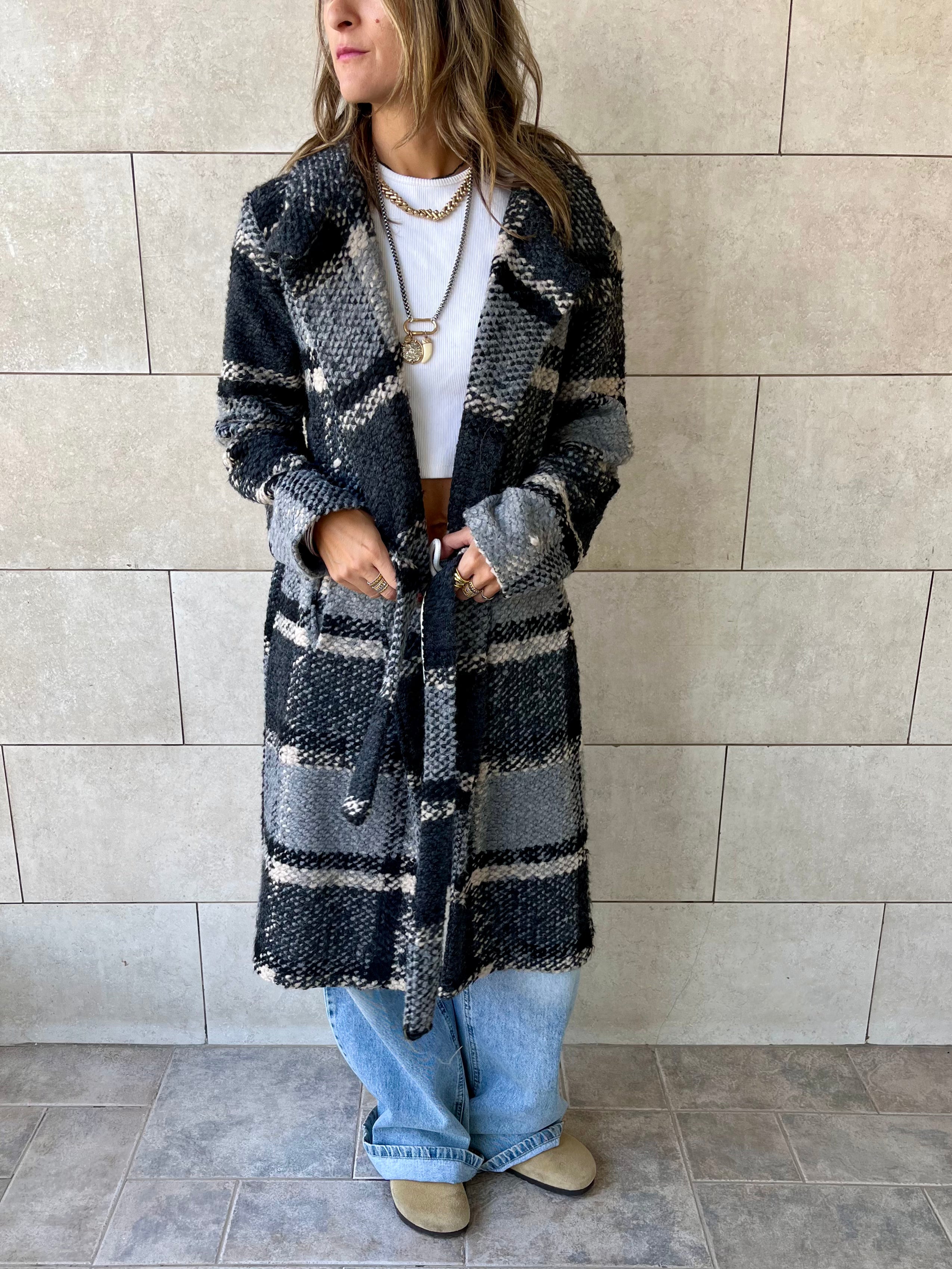 Grey Plaid Belted Coat