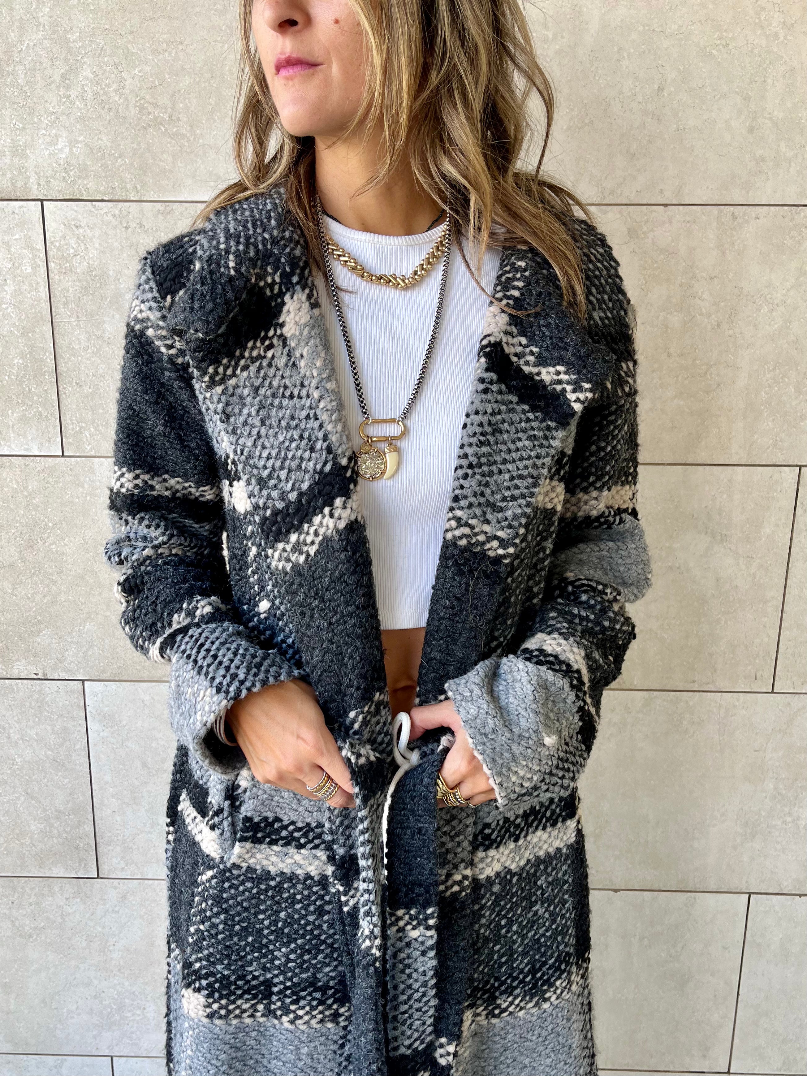 Grey Plaid Belted Coat
