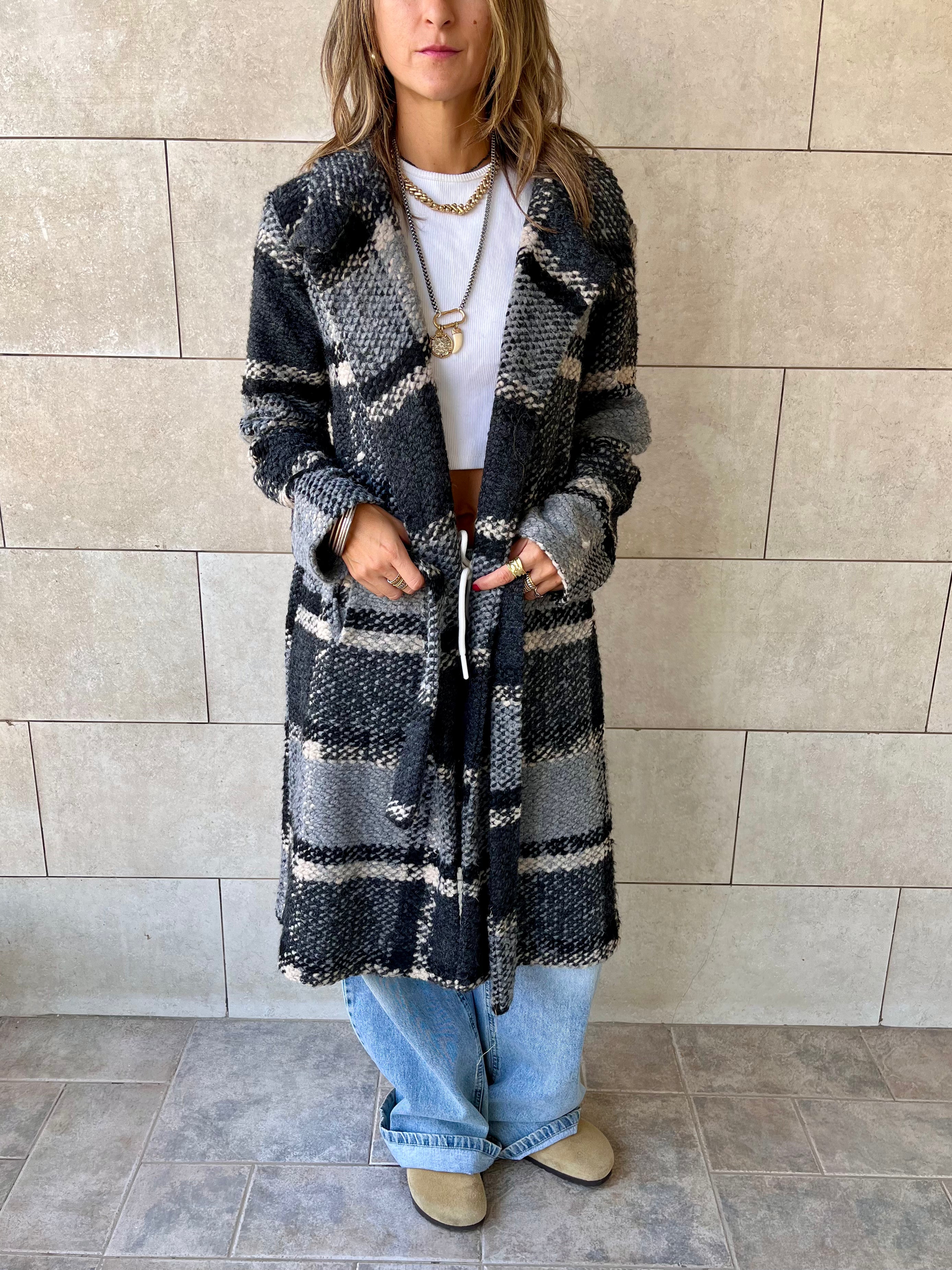 Grey Plaid Belted Coat