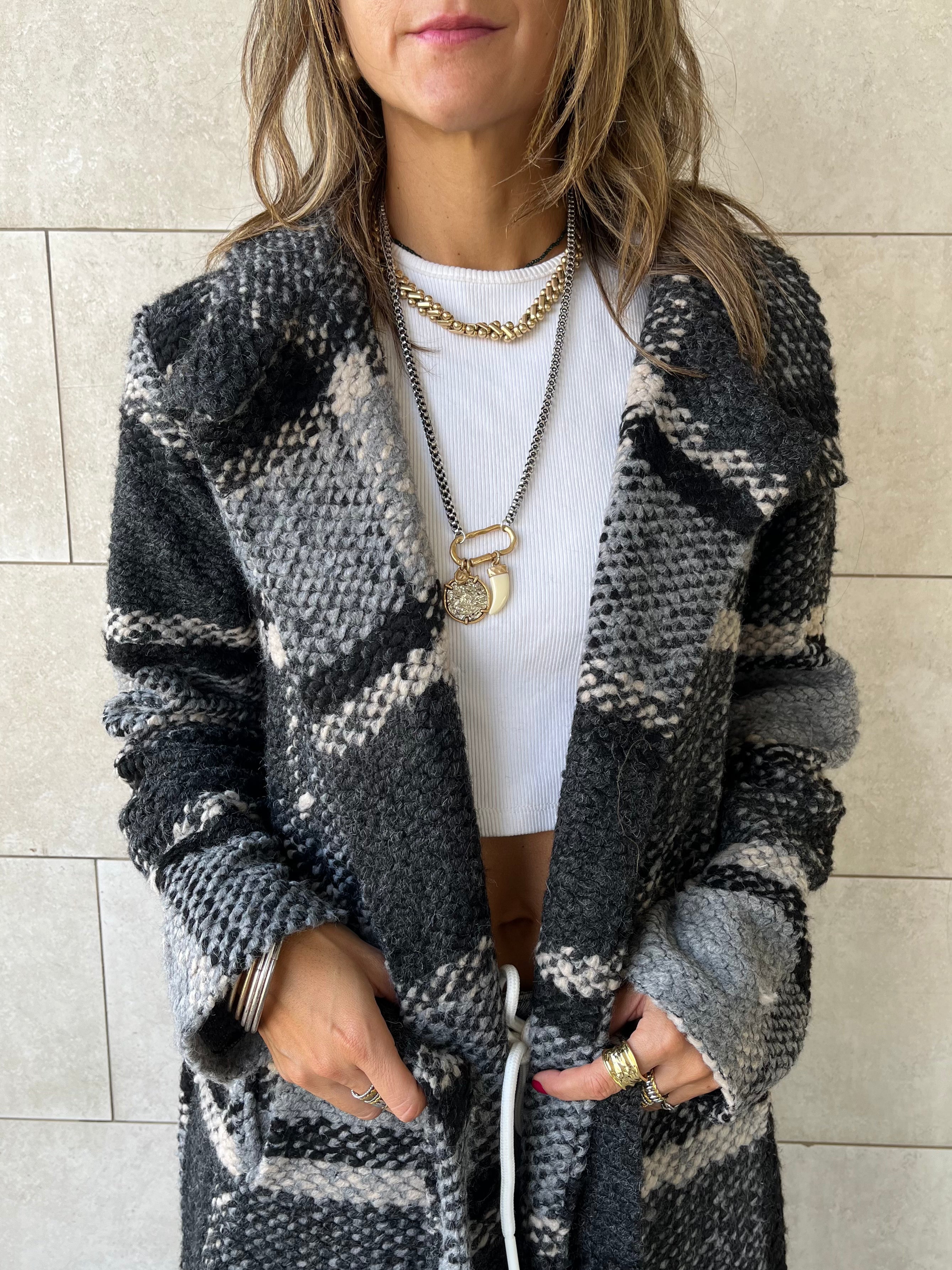 Grey Plaid Belted Coat