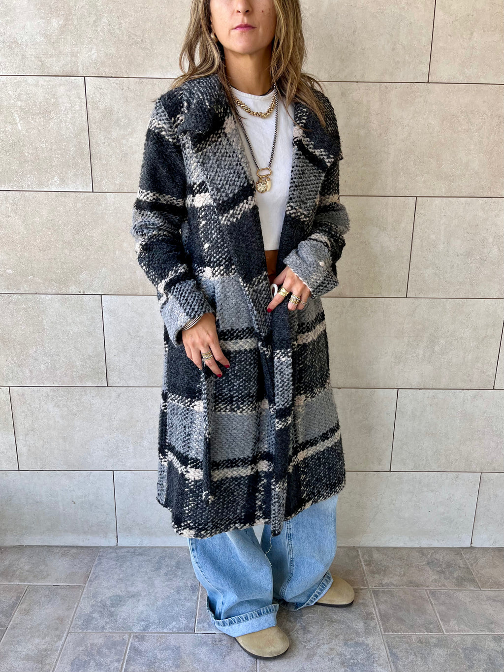 Grey Plaid Belted Coat