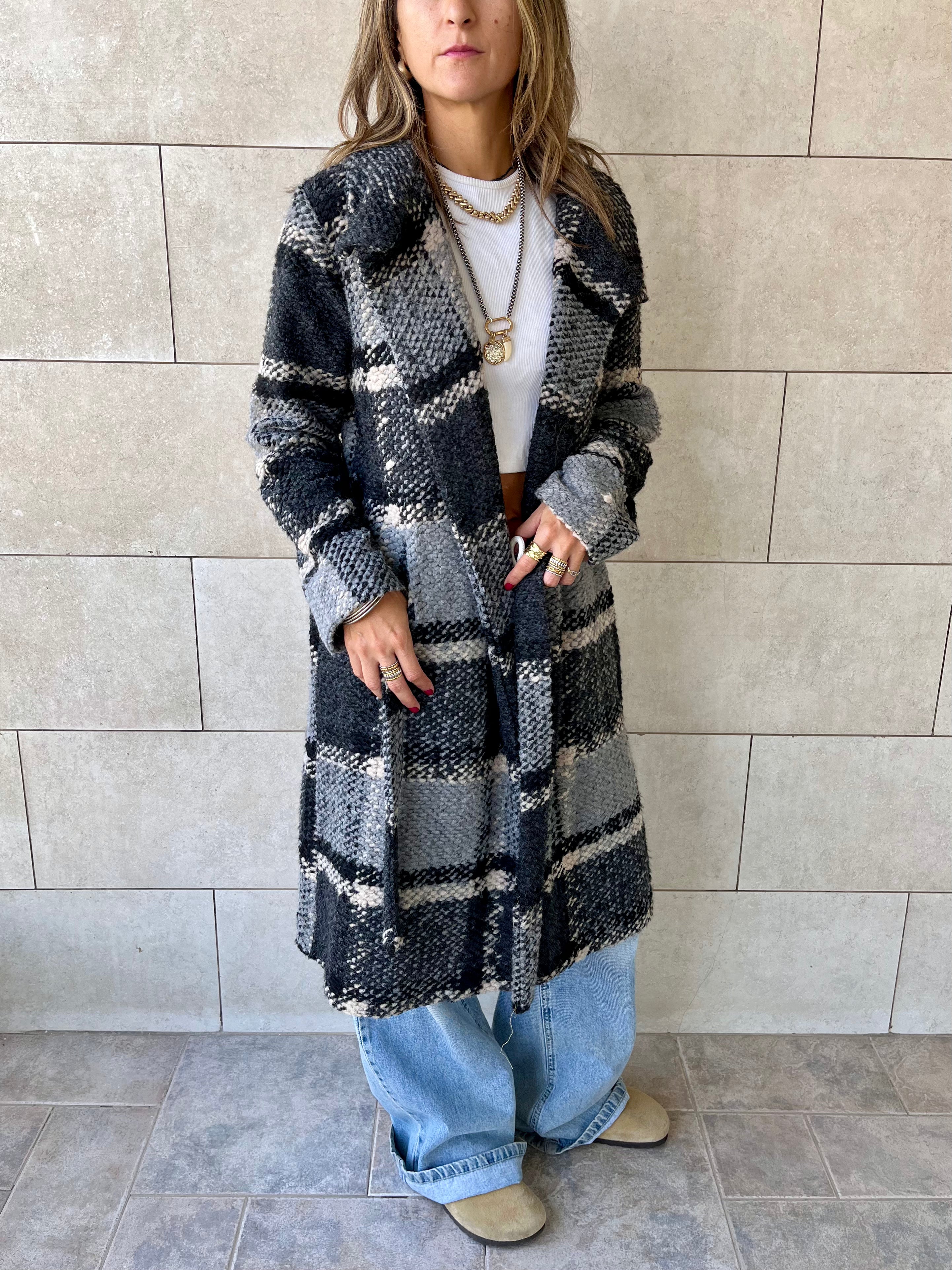 Grey Plaid Belted Coat