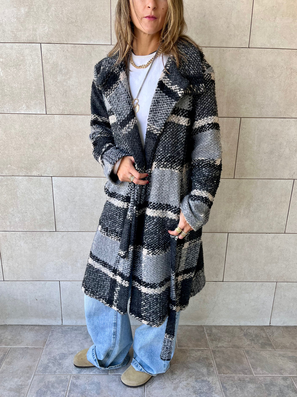 Grey Plaid Belted Coat