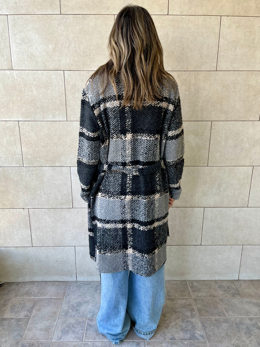 Grey Plaid Belted Coat