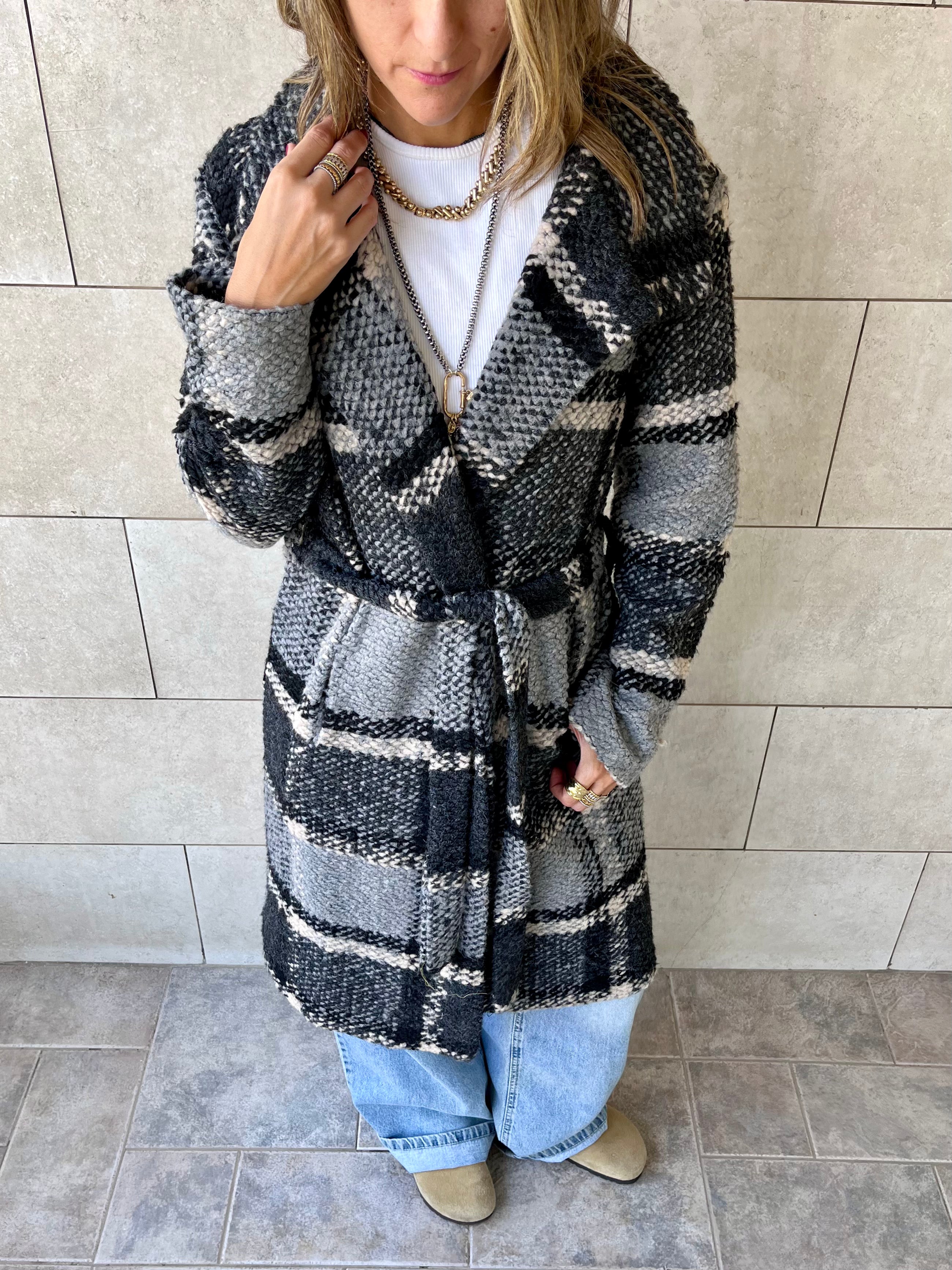 Grey Plaid Belted Coat