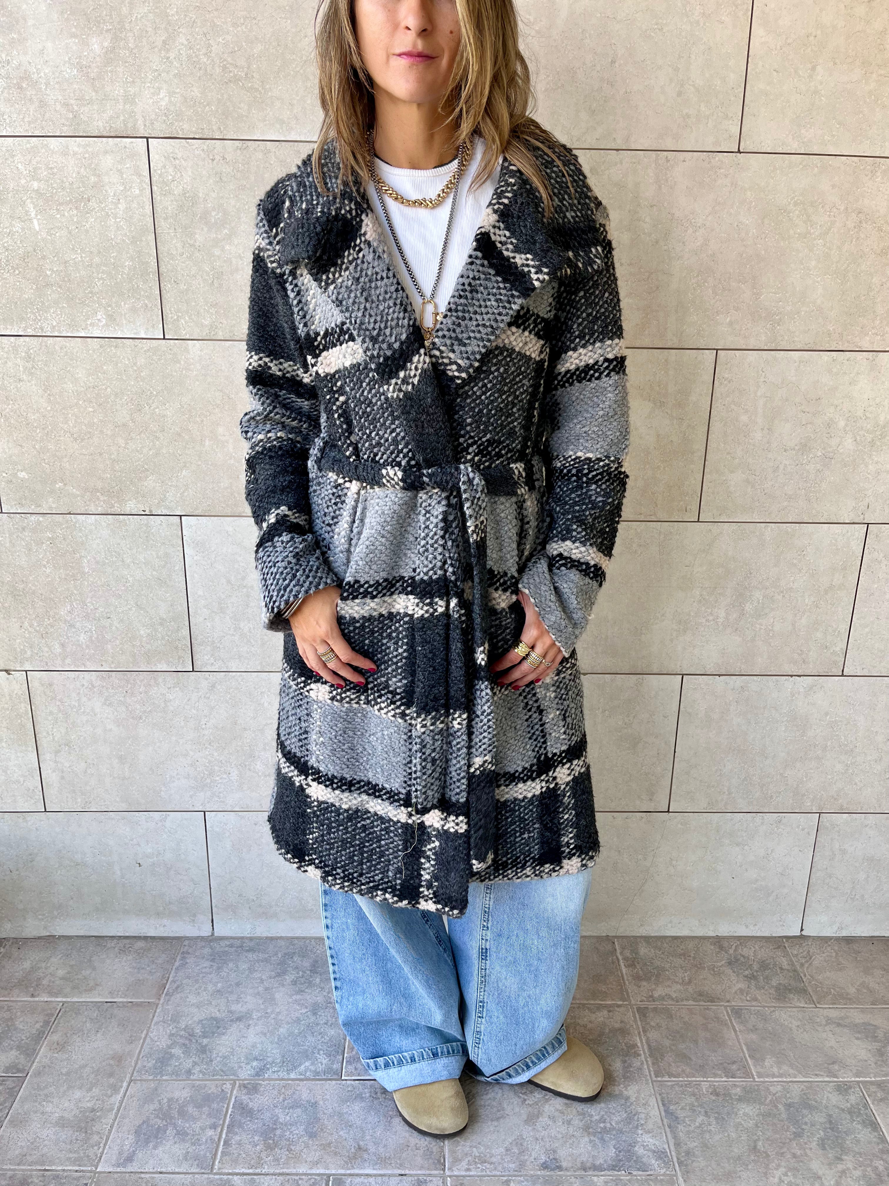 Grey Plaid Belted Coat