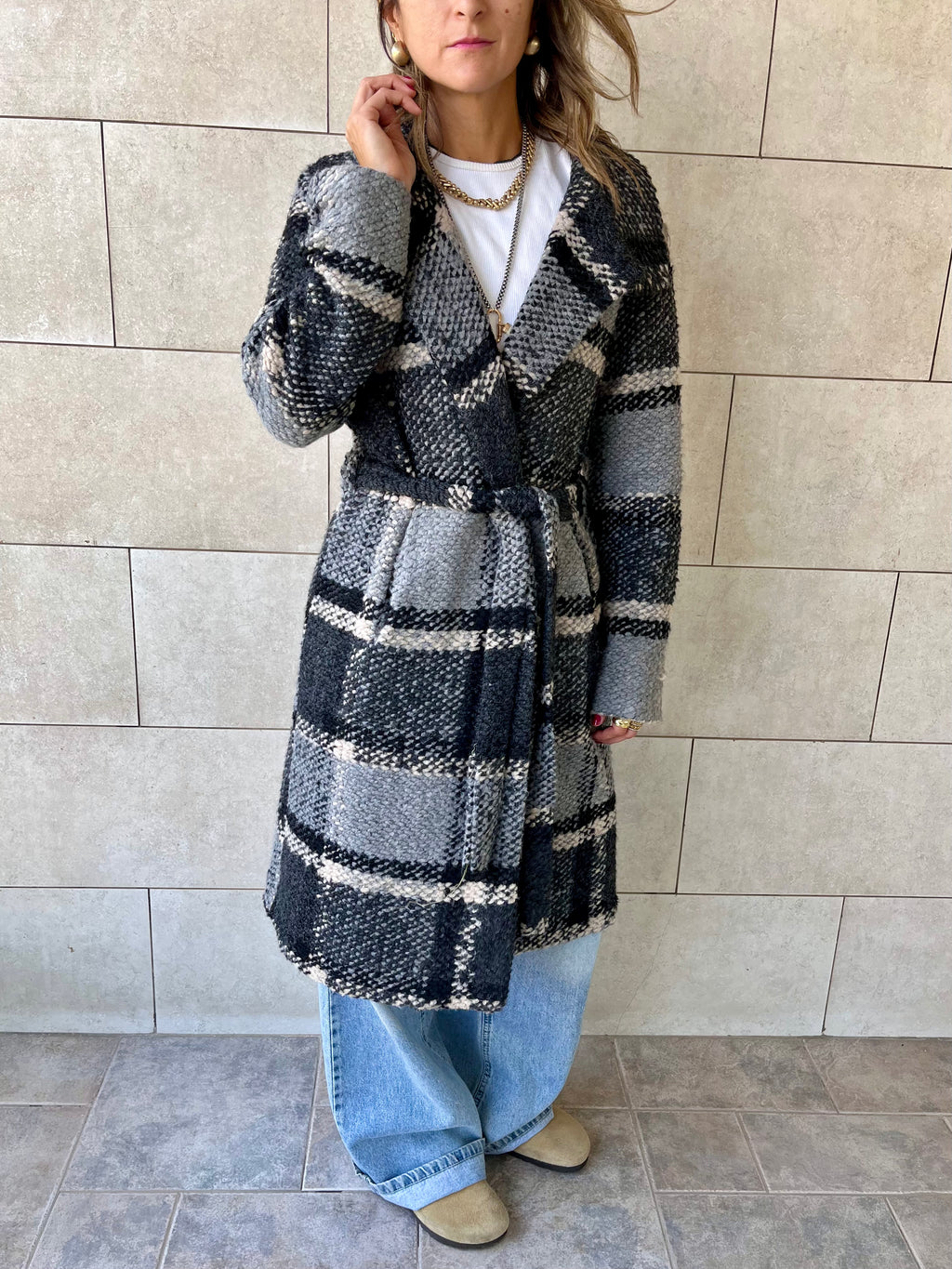 Grey Plaid Belted Coat