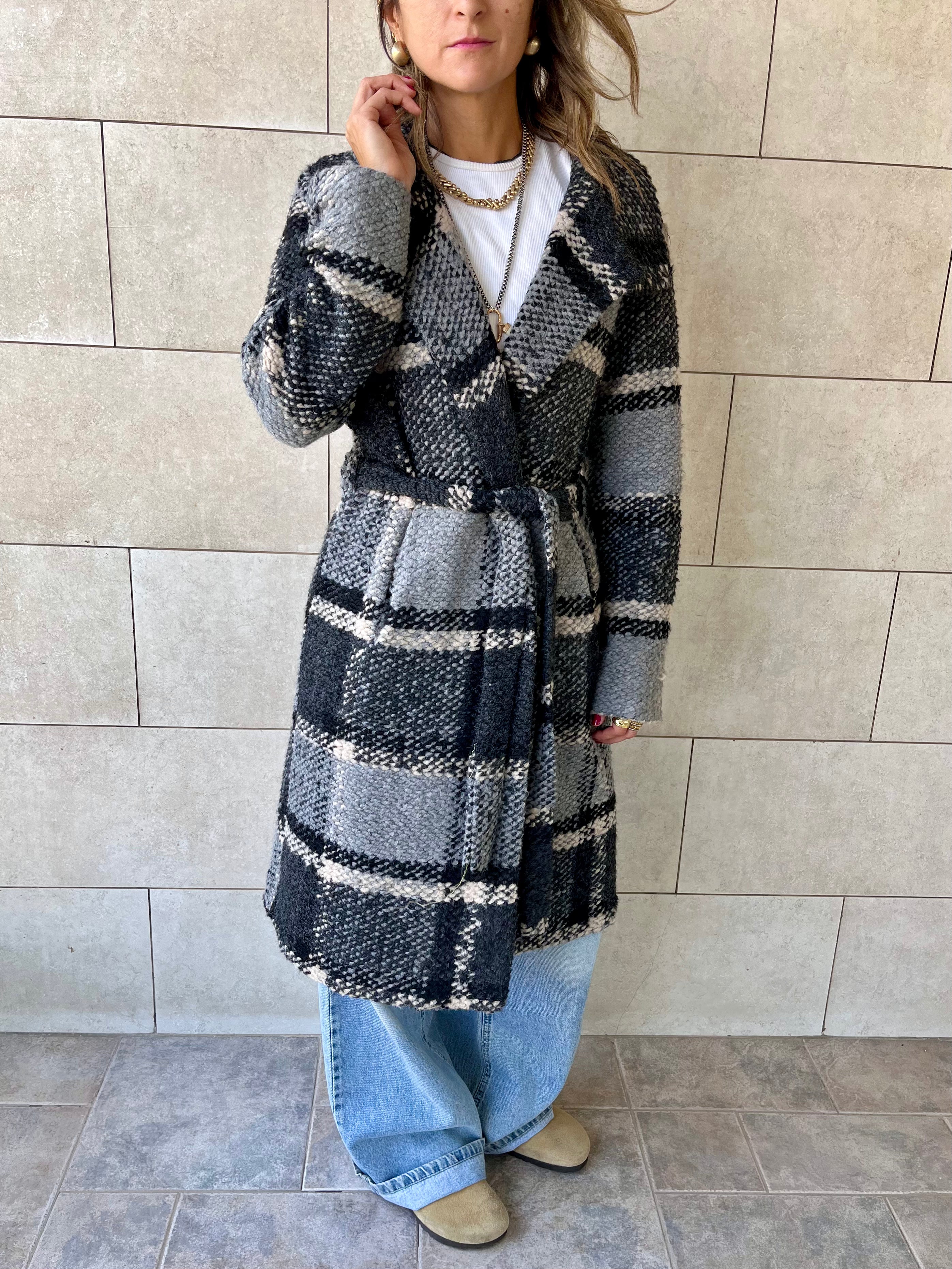 Grey Plaid Belted Coat