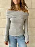 Grey Ribbed Off Shoulder Top