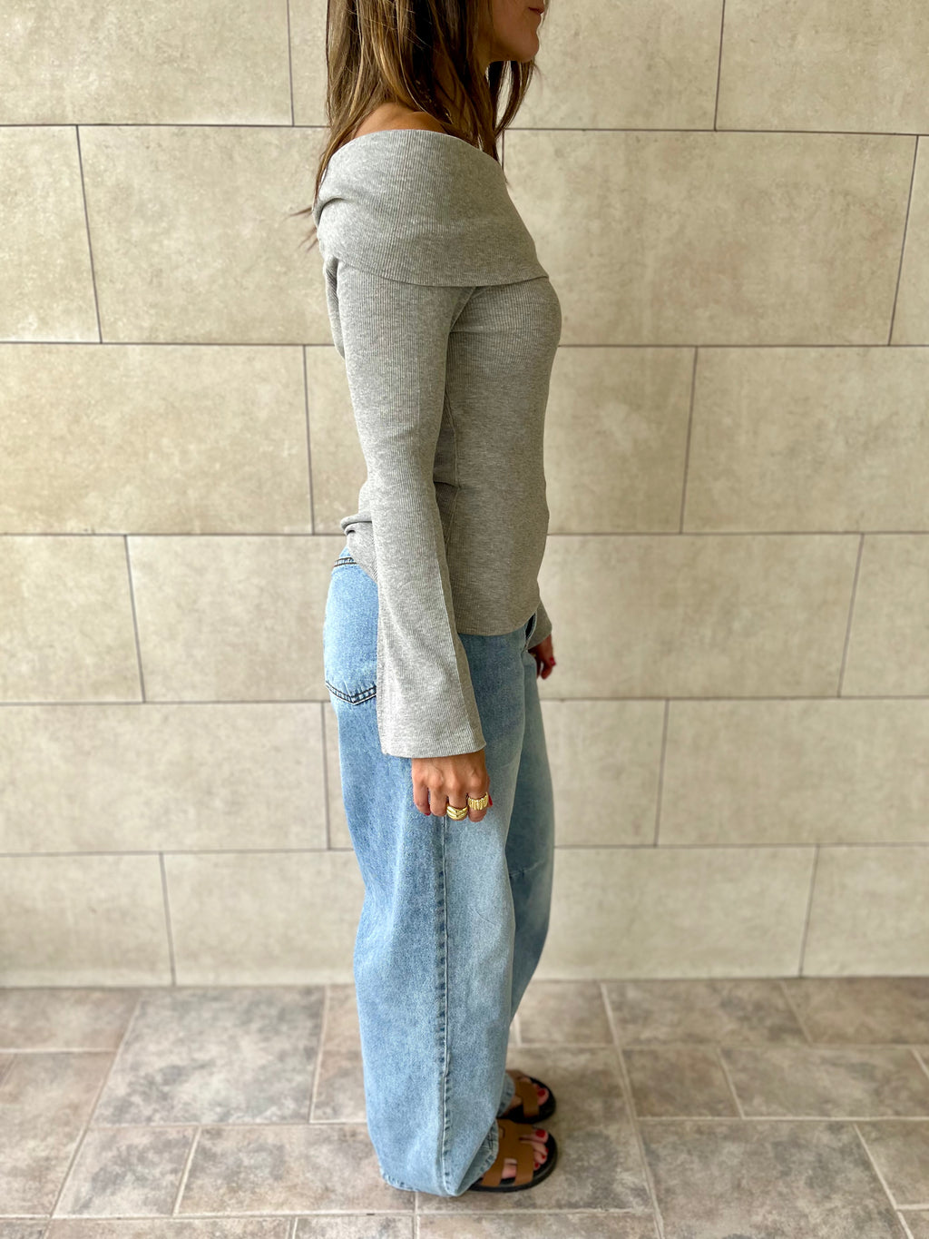 Grey Ribbed Off Shoulder Top