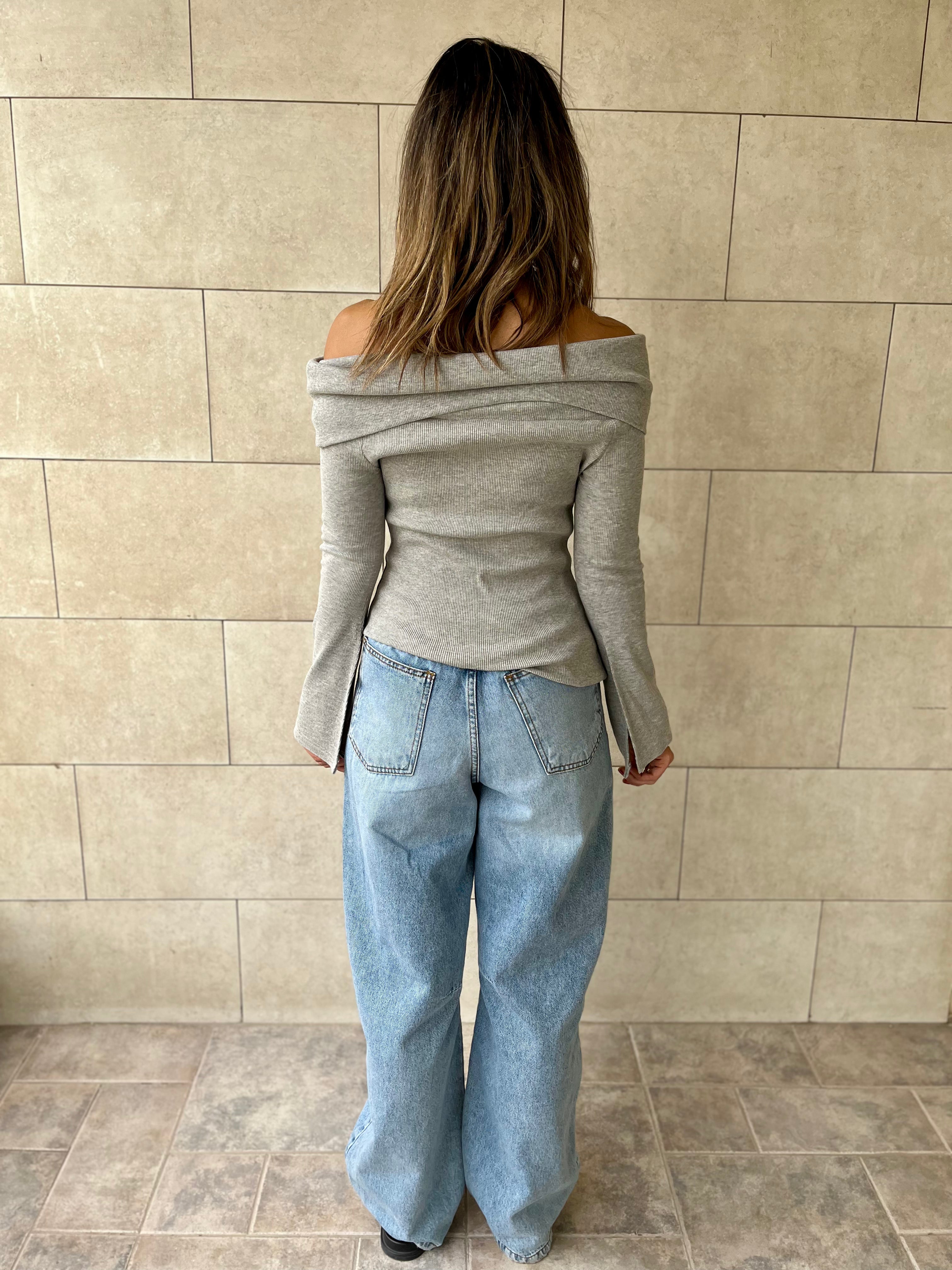 Grey Ribbed Off Shoulder Top