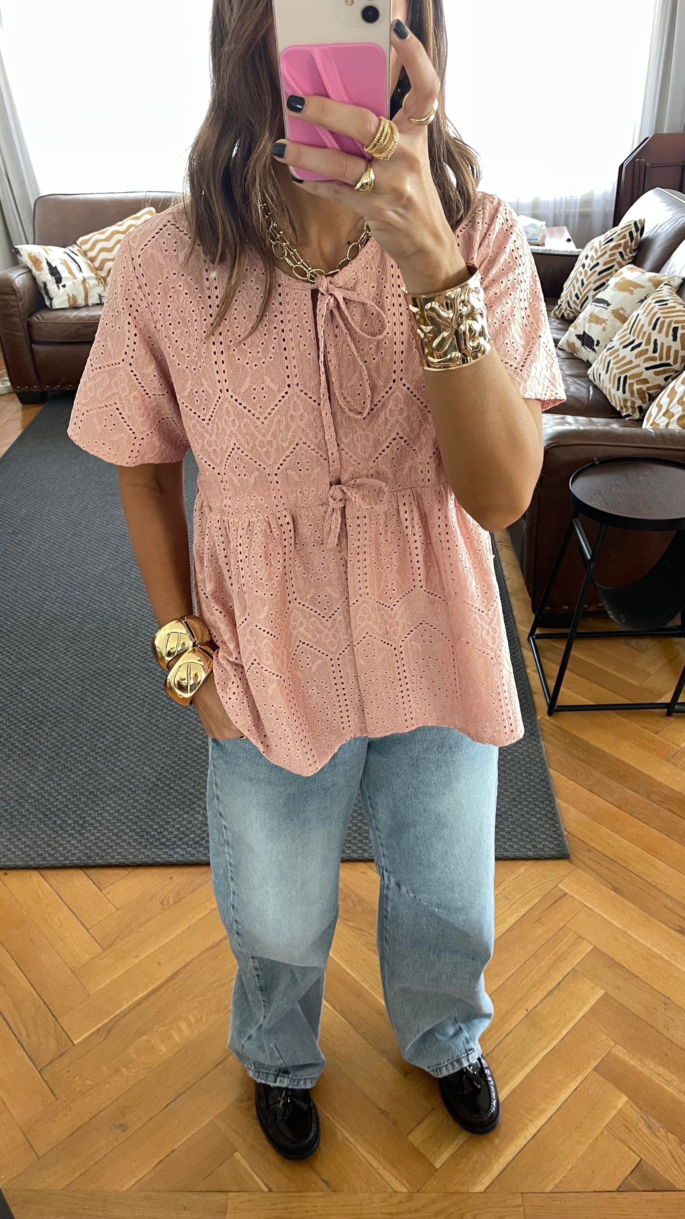 Pink Romantic Eyelet Shirt Top