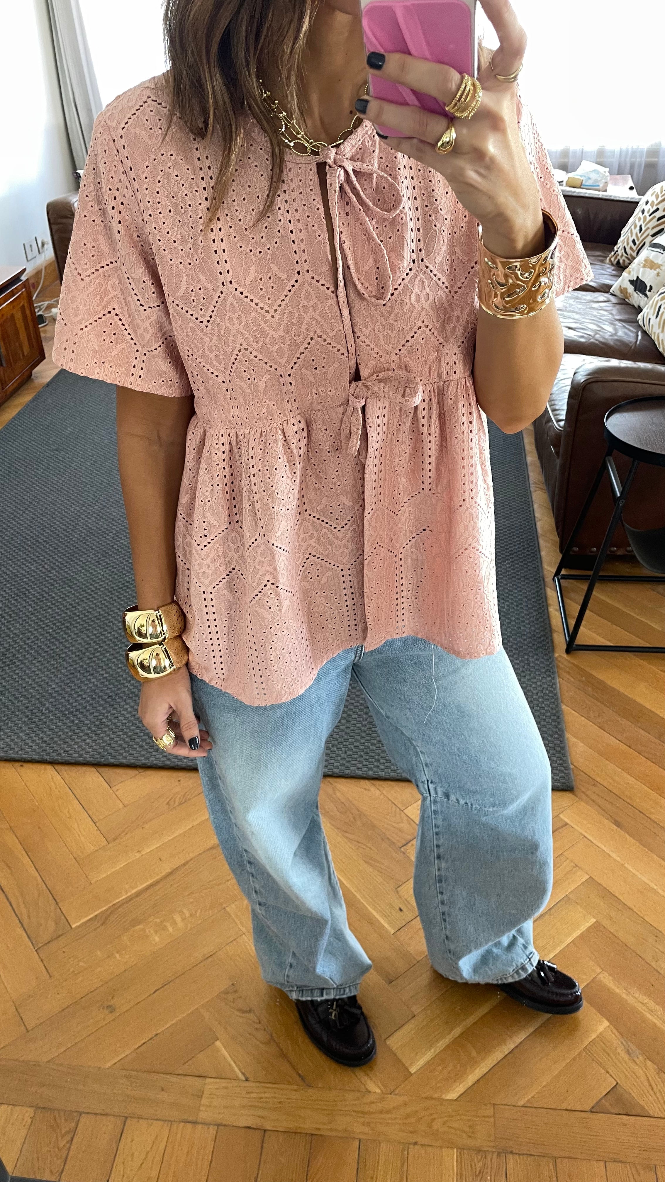 Pink Romantic Eyelet Shirt Top
