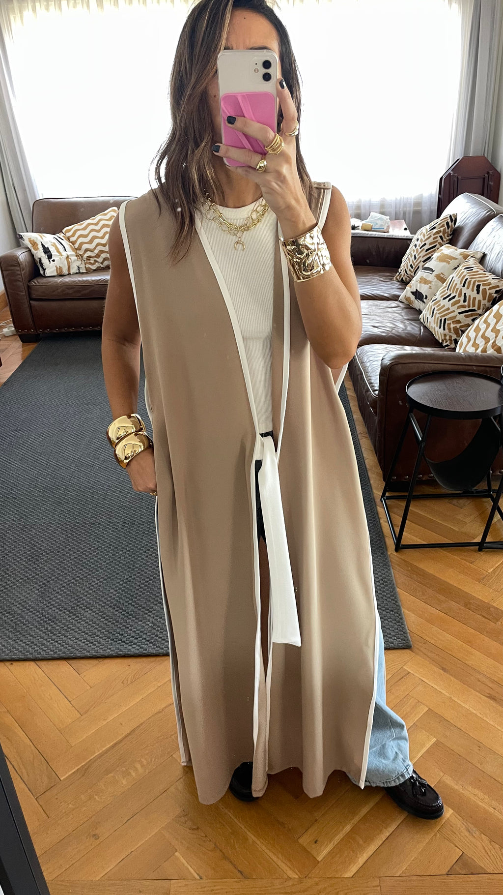 Beige Longline Tie Vest
