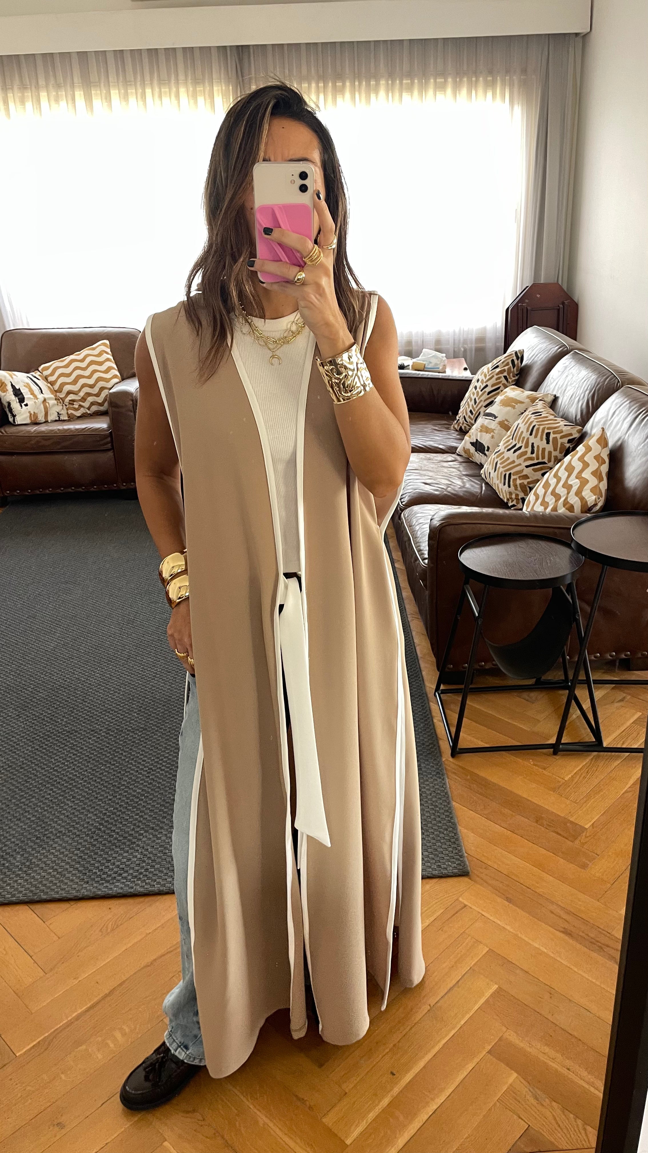 Beige Longline Tie Vest