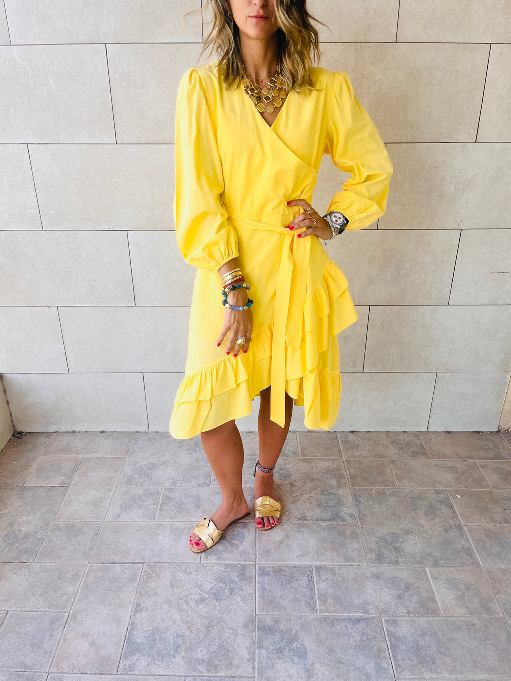 Yellow Ruffle Midi Tie Dress