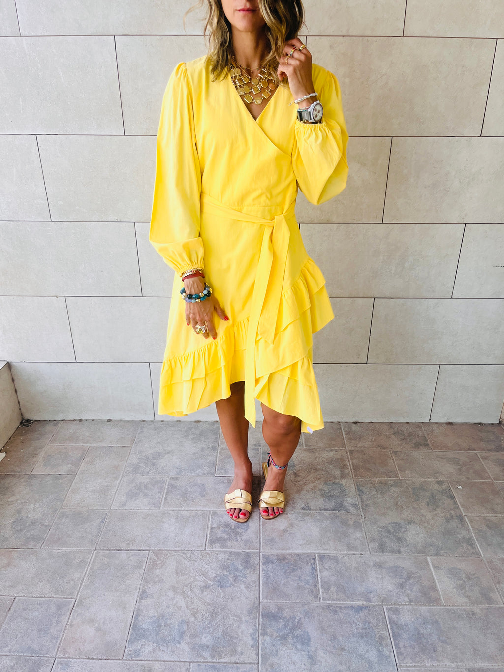 Yellow Ruffle Midi Tie Dress