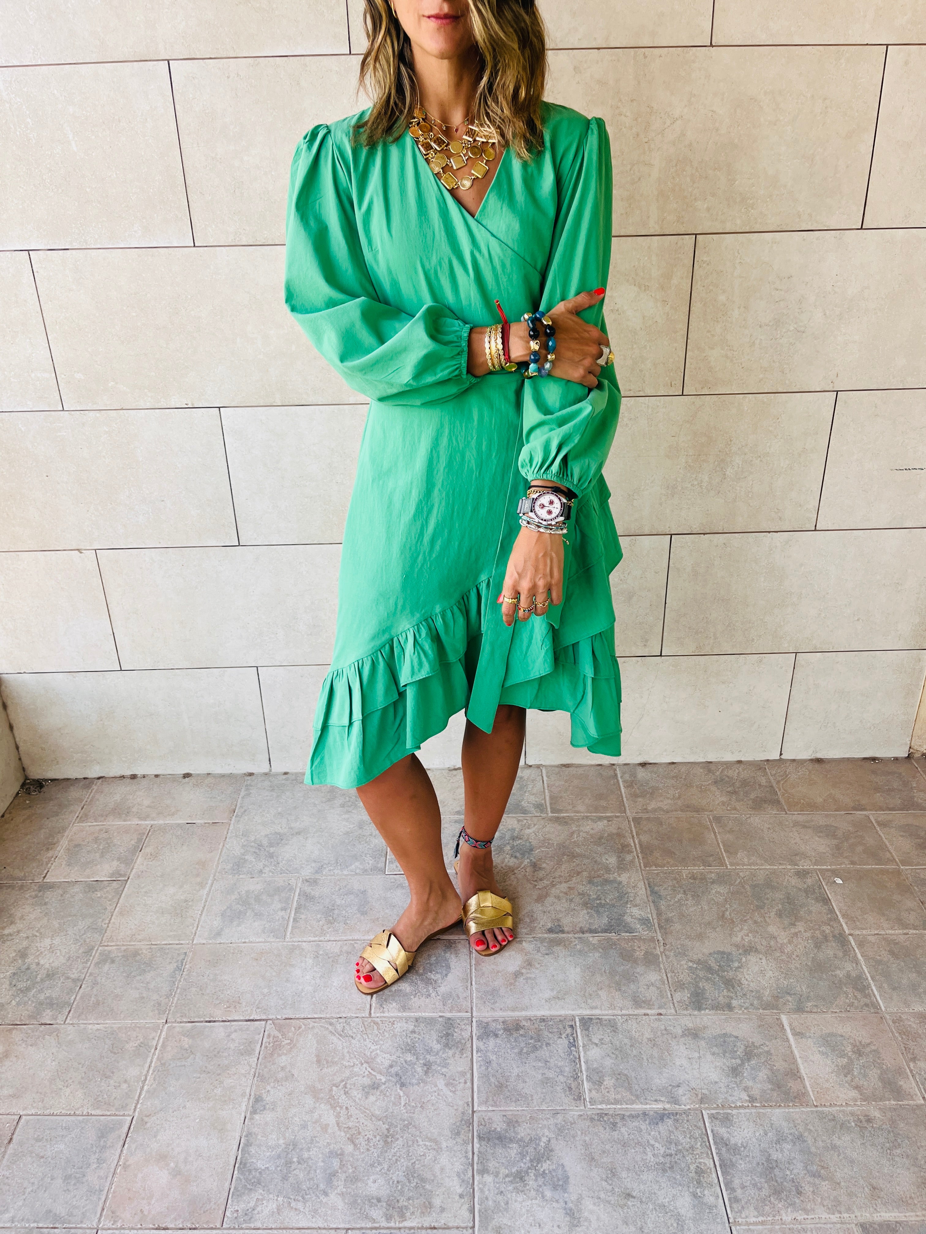 Green Ruffle Midi Tie Dress