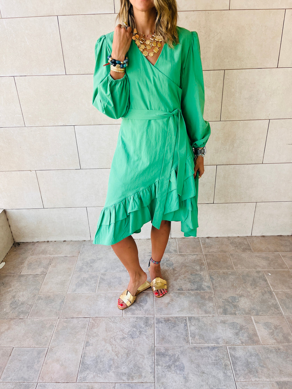 Green Ruffle Midi Tie Dress
