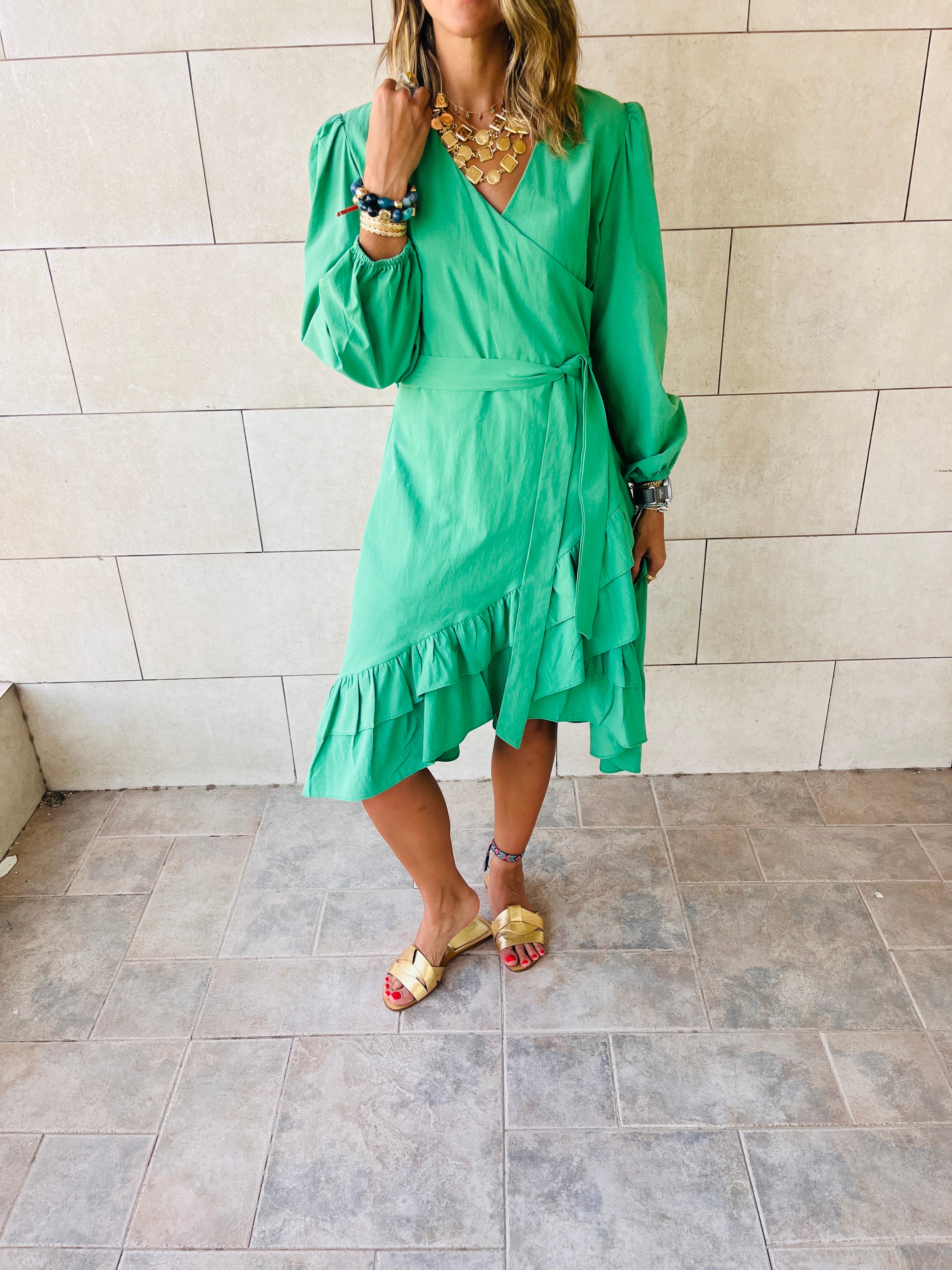 Green Ruffle Midi Tie Dress