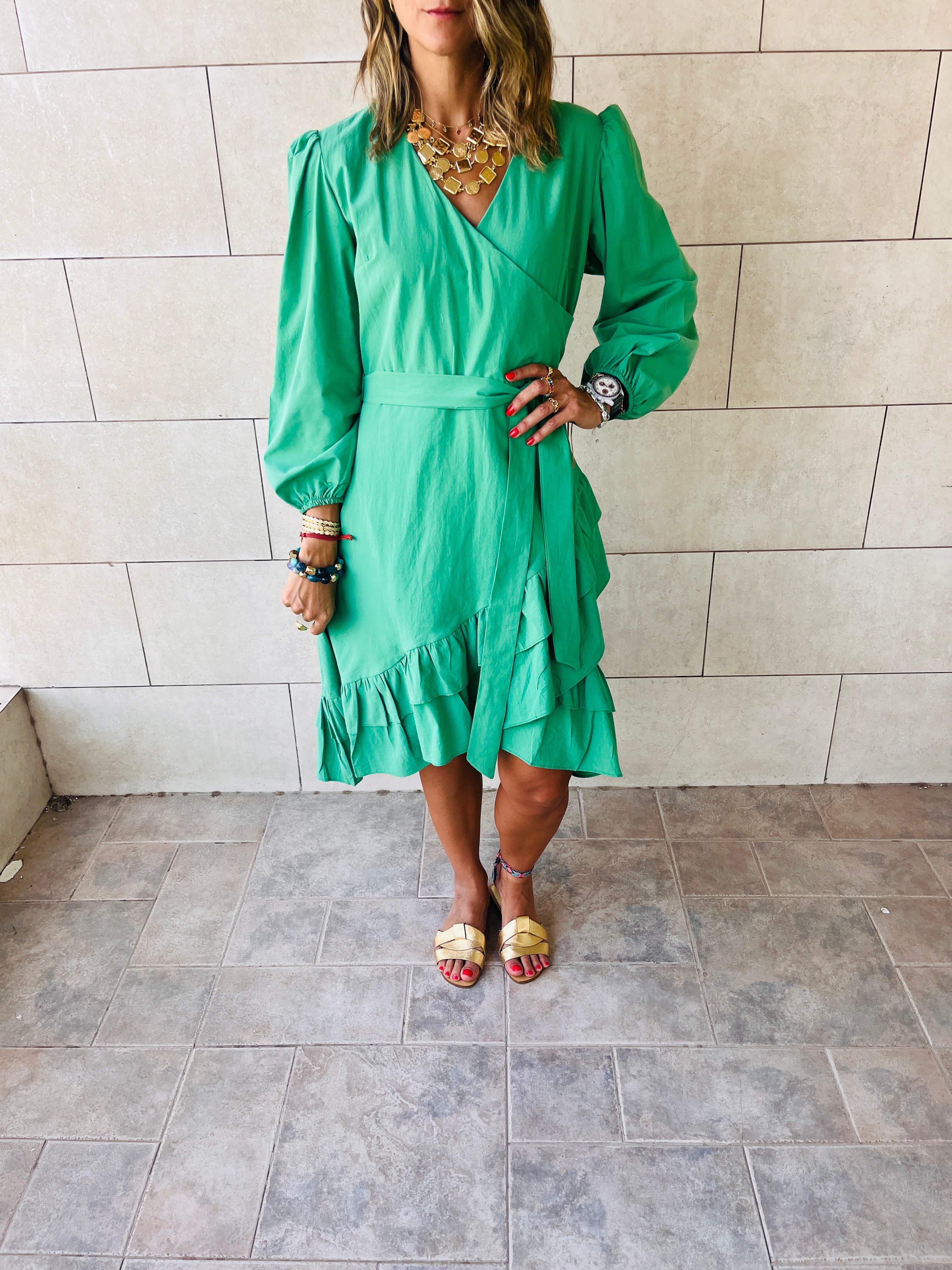 Green Ruffle Midi Tie Dress
