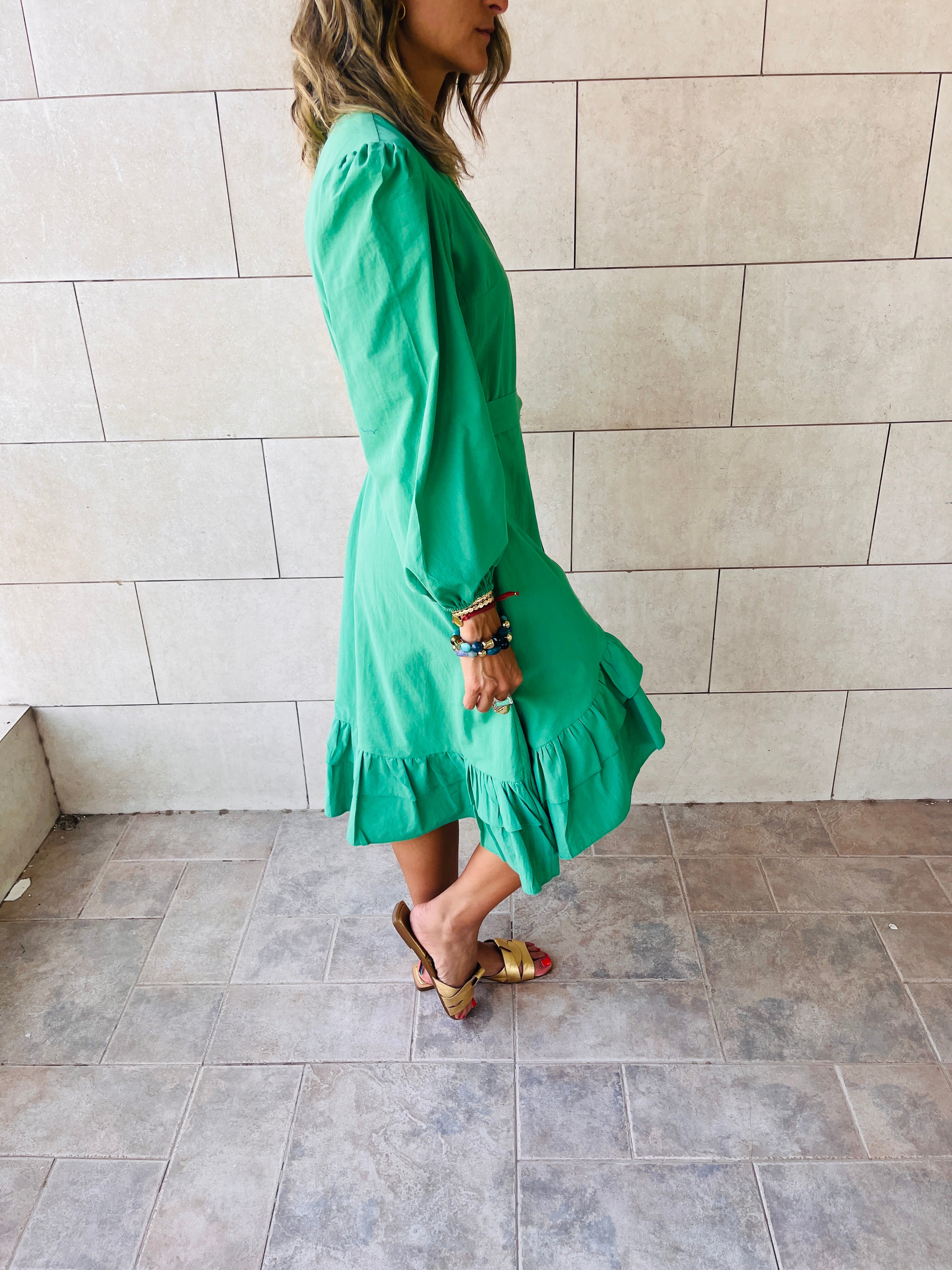 Green Ruffle Midi Tie Dress