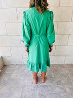 Green Ruffle Midi Tie Dress