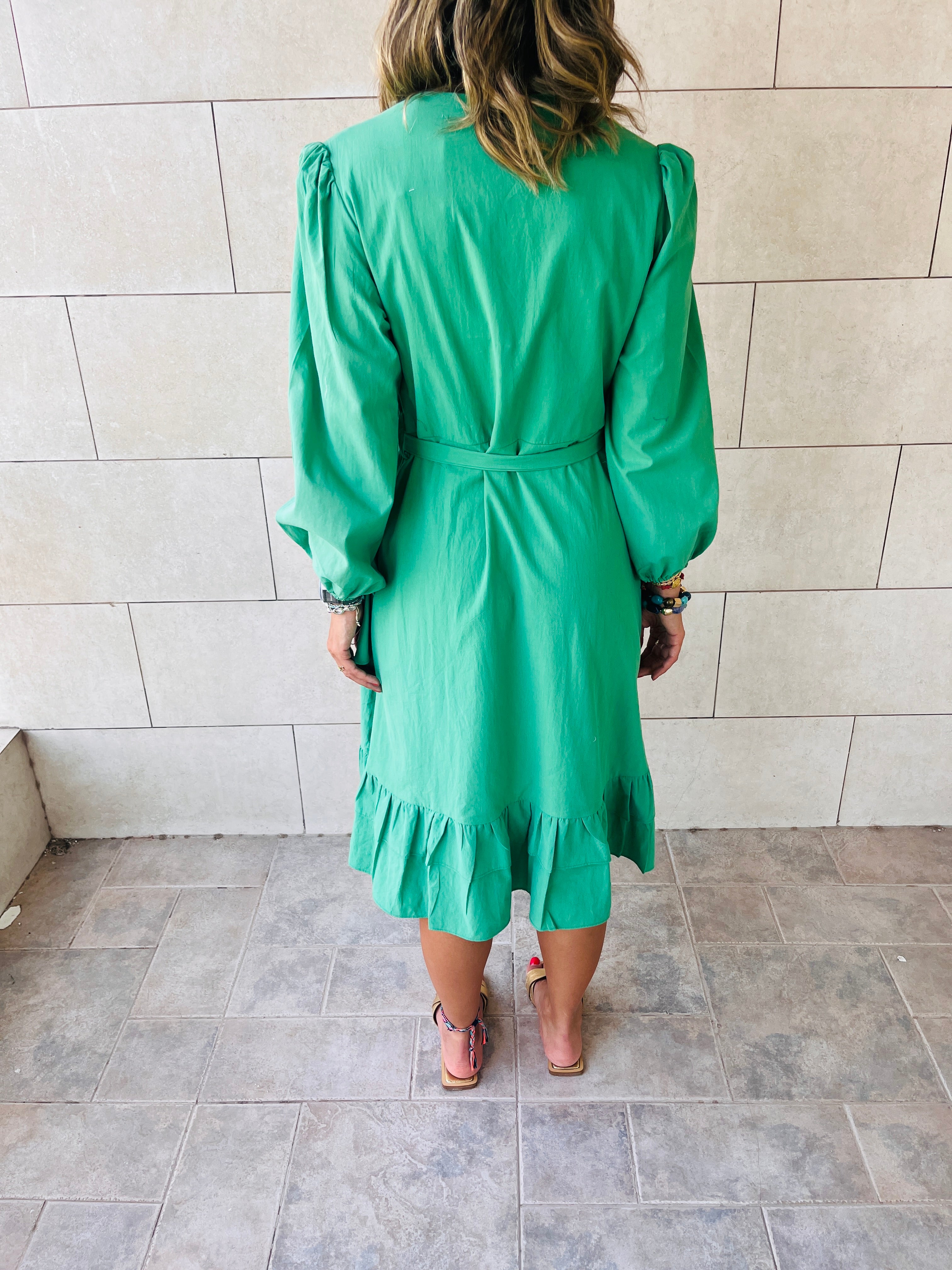 Green Ruffle Midi Tie Dress